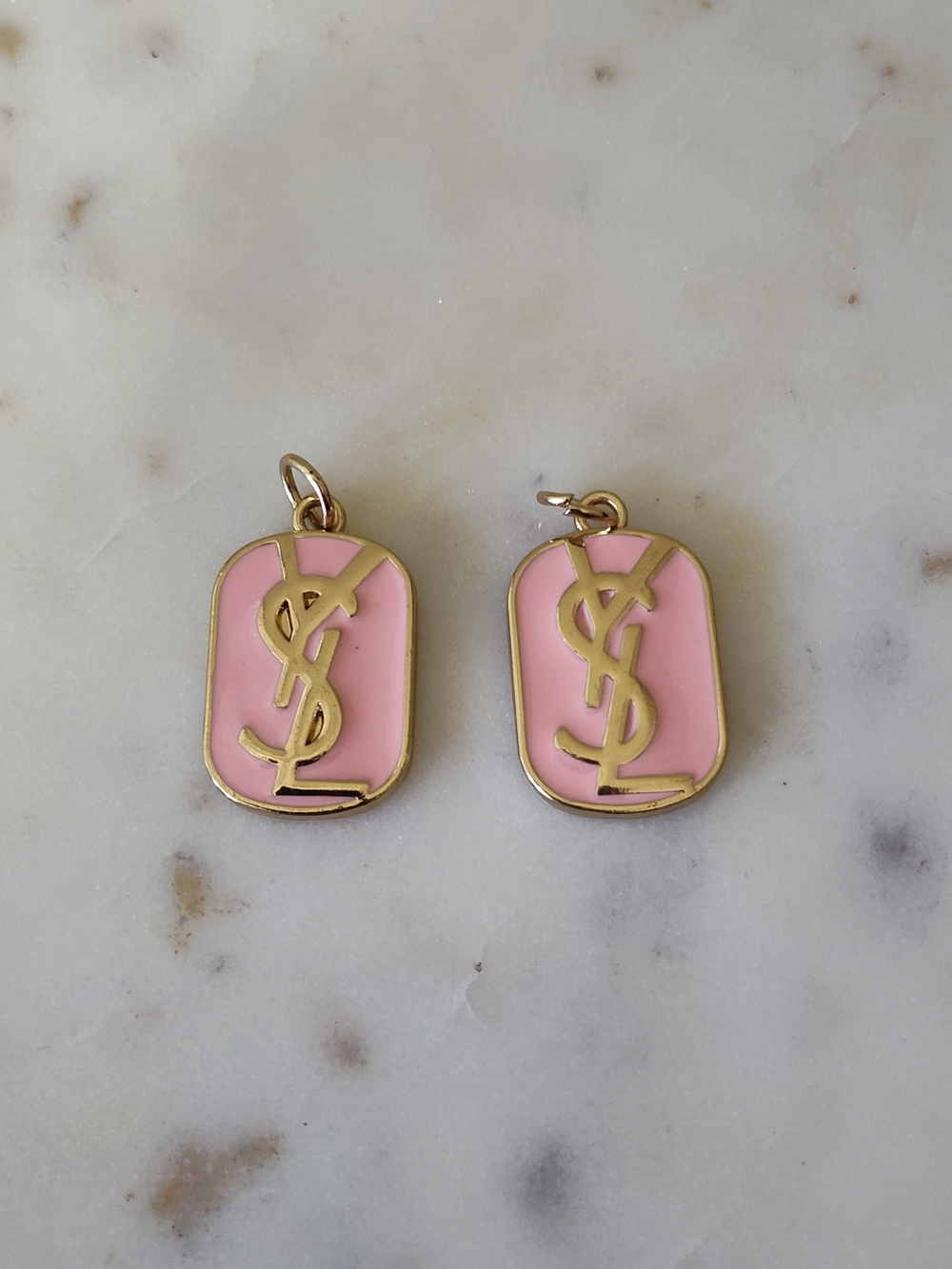 YVES SAINT LAURENT Pink Enamel Logo Charms Zipper Pull Pair Gold Tone YSL Set